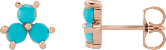 14K Gold Round Natural Turquoise Three-Stone Cabochon Earrings - Rose Gold