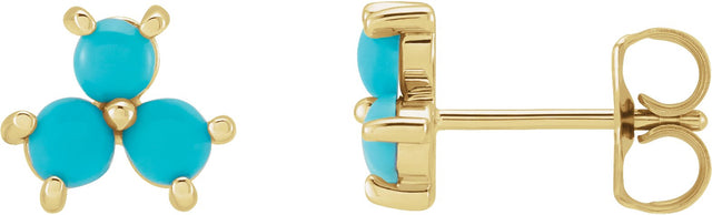 14K Gold Round Natural Turquoise Three-Stone Cabochon Earrings - Yellow Gold
