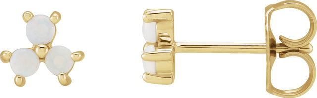 14K Gold Round Natural White Opal Three-Stone Cabochon Earrings - Yellow Gold
