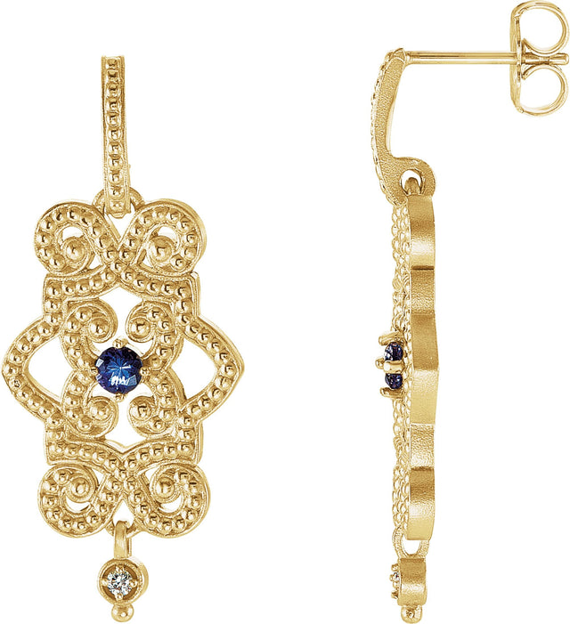 14K Gold Round Natural Tanzanite & Natural Diamond Granulated Earrings