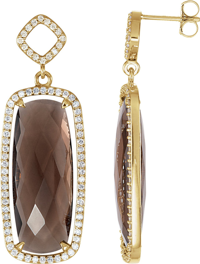 14K Gold Elongated Cushion Natural Smoky Quartz & Natural Diamond Halo-Style Earrings – 25x10mm
