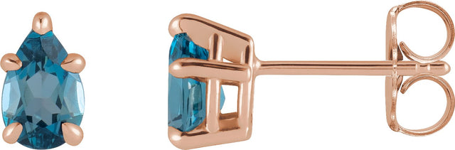 14K Gold Natural London Blue Topaz Pear 5-Prong Claw Stud Earrings - Rose Gold