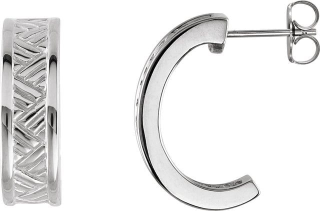 14K Gold Patterned J-Hoop Earrings - White Gold
