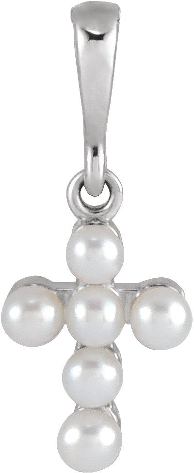 14K Gold Cultured White Seed Pearl Pearl Youth Cross Necklace or Pendant - White Gold