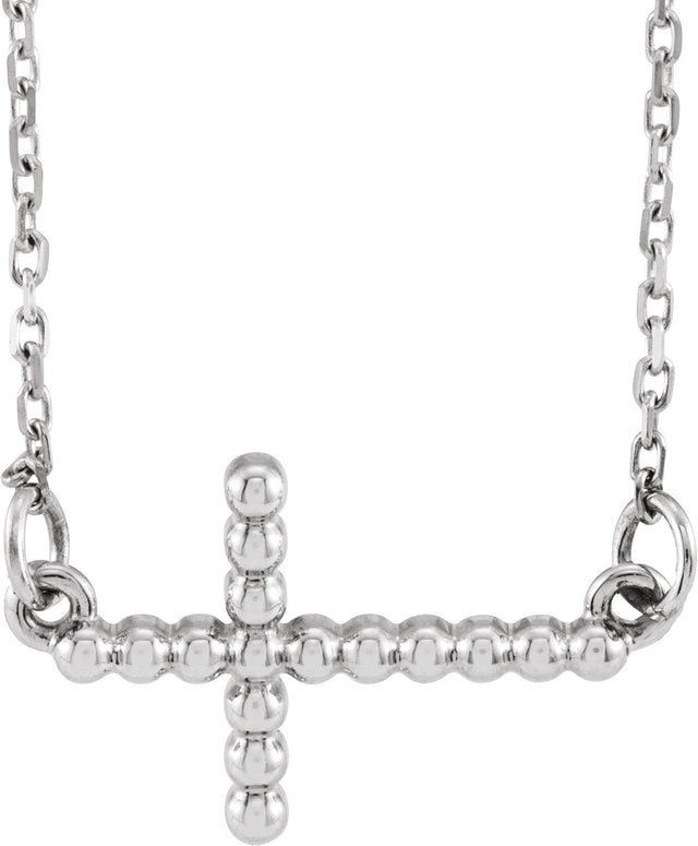 14K Gold Beaded Sideways Cross Necklace - White Gold