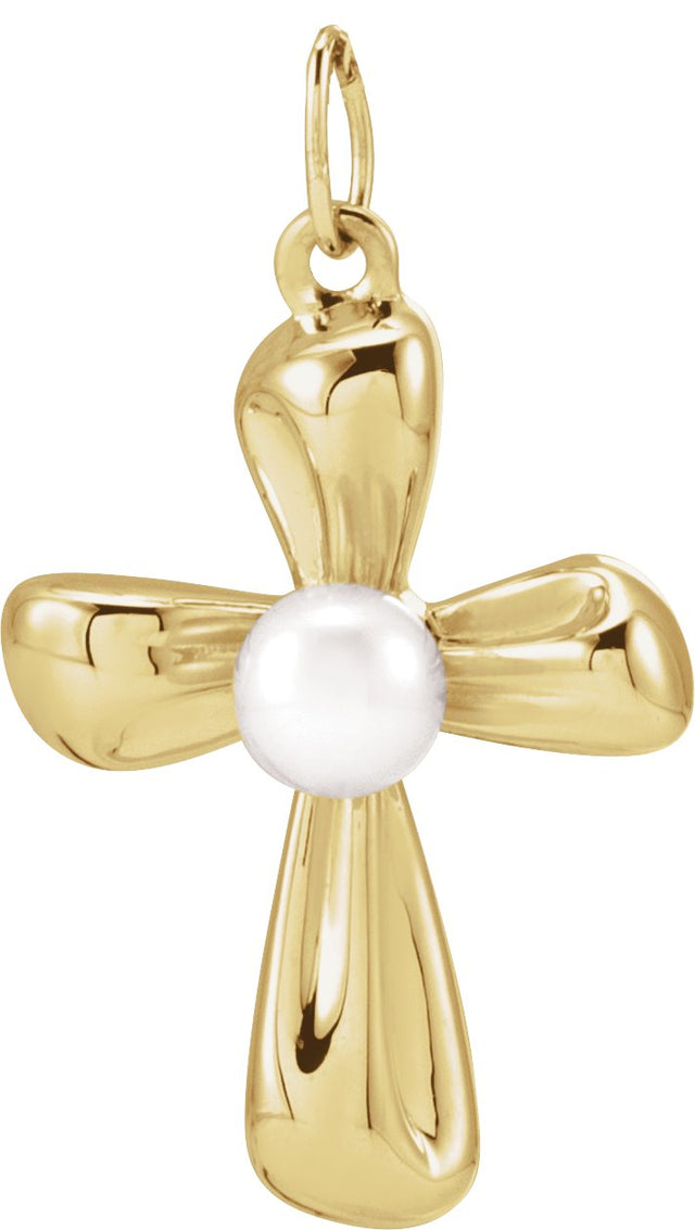 14K Gold Cultured White Freshwater Pearl Pearl Cross Necklace or Pendant II - Yellow Gold