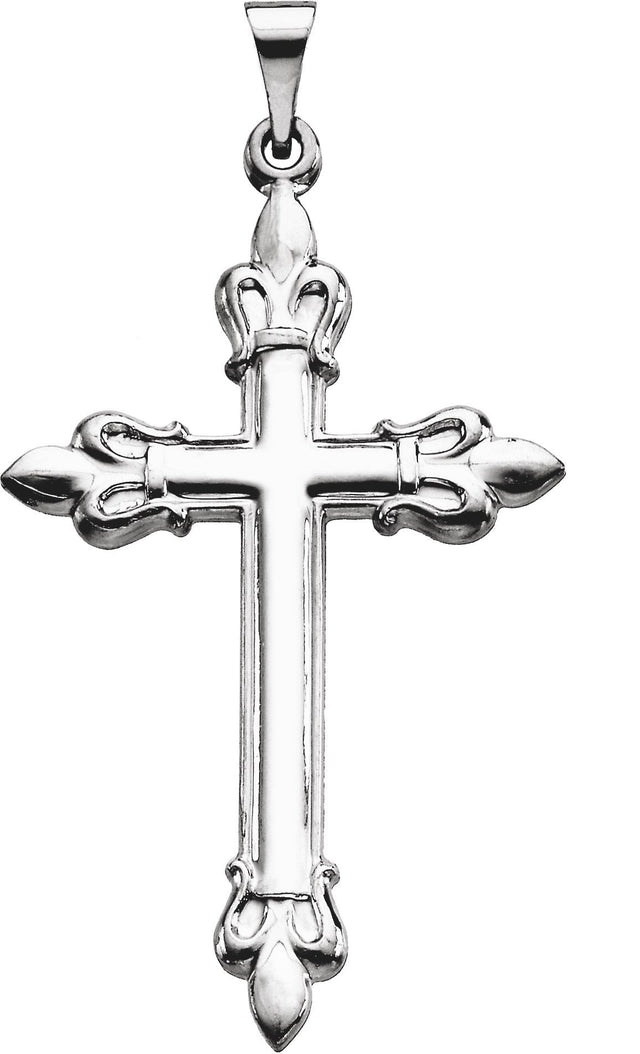 14K Gold Fleur-de-Lis Cross Pendant - White Gold