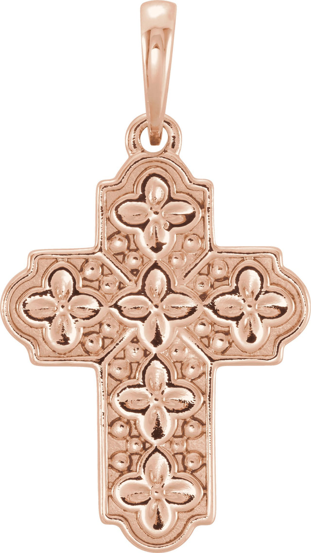 14K Gold Ornate Floral-Inspired Cross Pendant - Rose Gold
