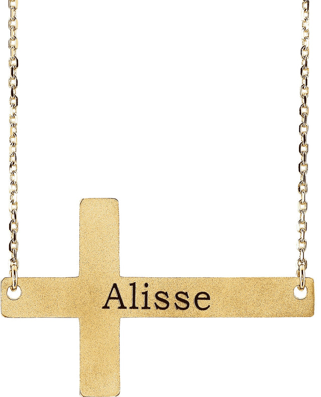 14K Gold Engravable Sideways Cross Necklace - Yellow Gold
