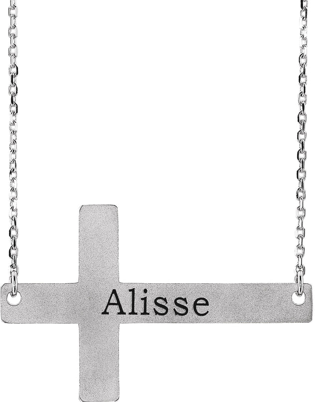 14K Gold Engravable Sideways Cross Necklace - White Gold