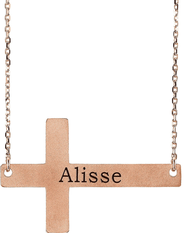 14K Gold Engravable Sideways Cross Necklace - Rose Gold