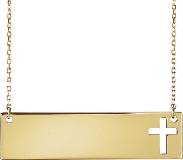 14K Gold Engravable Pierced Cross Bar Necklace - Yellow Gold