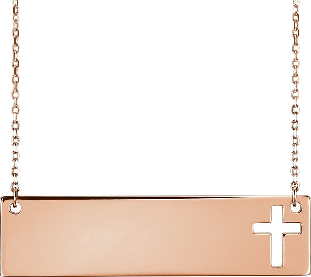 14K Gold Engravable Pierced Cross Bar Necklace - Rose Gold