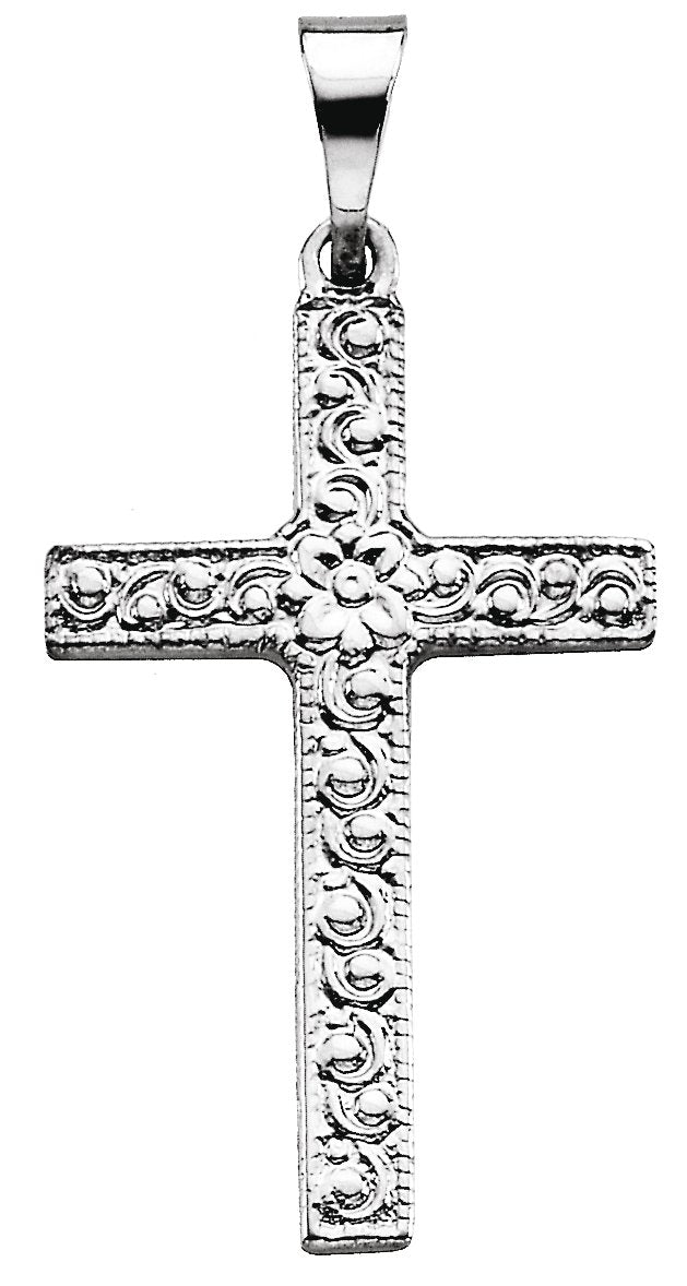 14K Gold Floral-Inspired Cross Pendant - White Gold