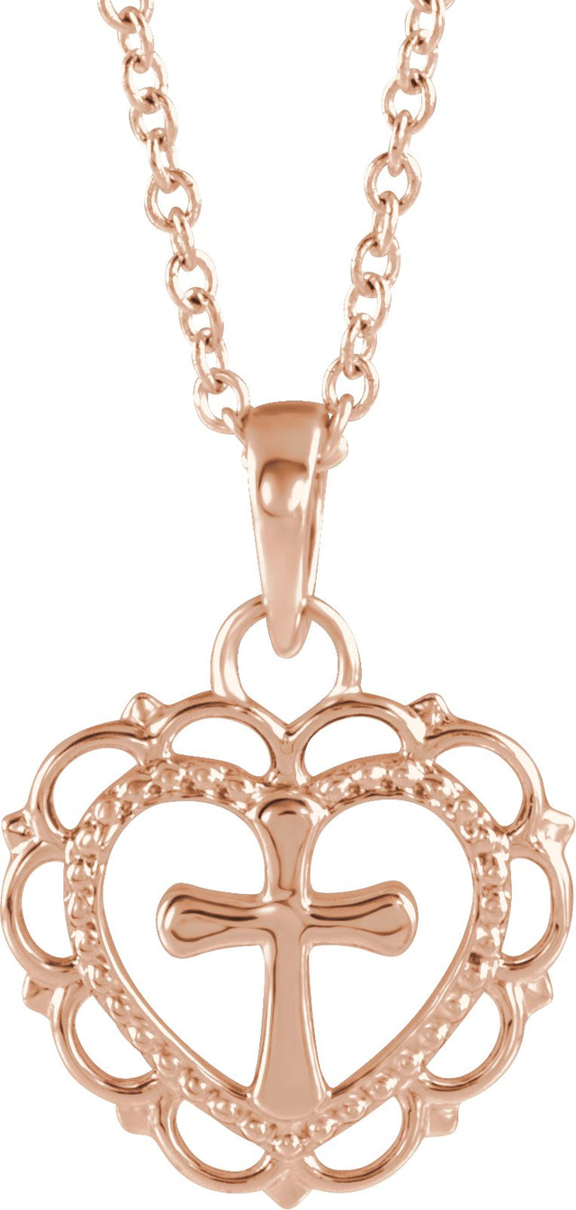 14K Gold Youth Heart with Cross Necklace or Pendant - Rose Gold