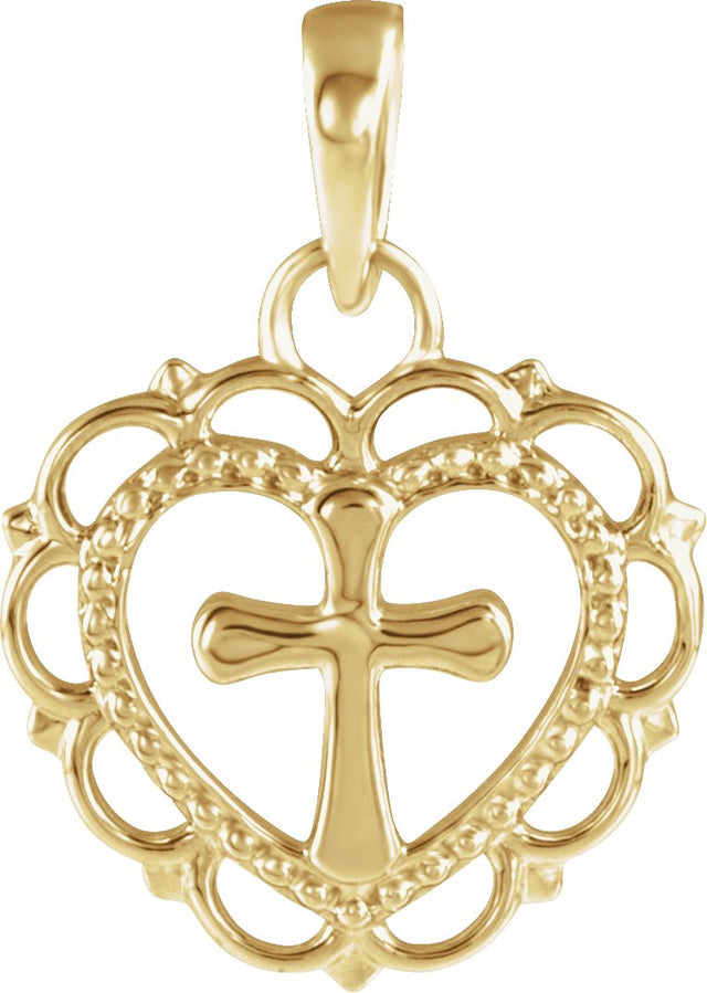 14K Gold Youth Heart with Cross Necklace or Pendant - Yellow Gold