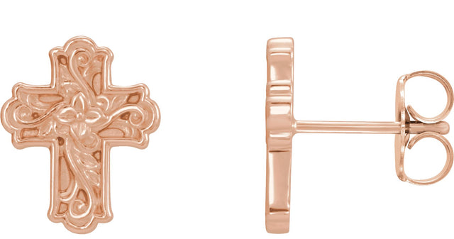 14K Gold Floral Cross Earrings - Rose Gold
