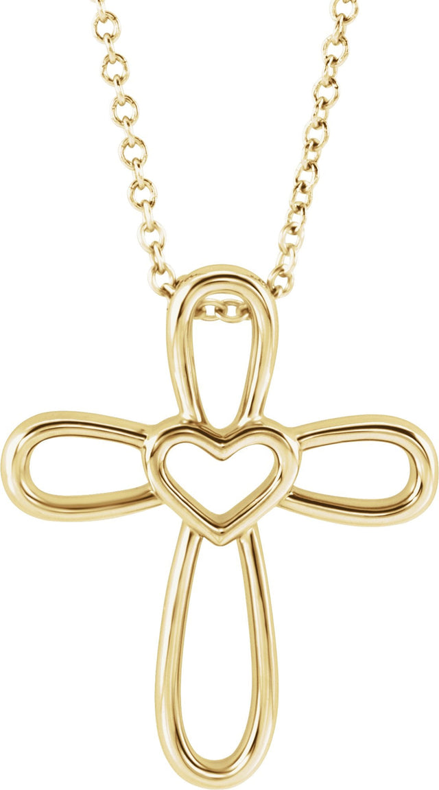 14K Gold Cross with Heart Necklace or Pendant - Yellow Gold