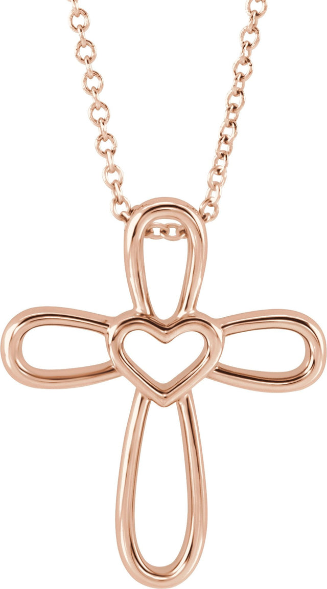 14K Gold Cross with Heart Necklace or Pendant - Rose Gold