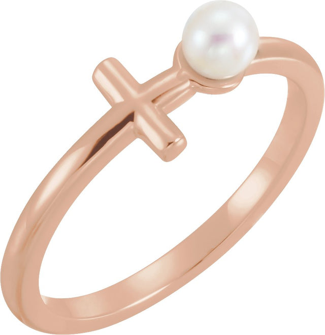 14K Gold Cultured White Freshwater Pearl Pearl Sideways Cross Ring - Rose Gold