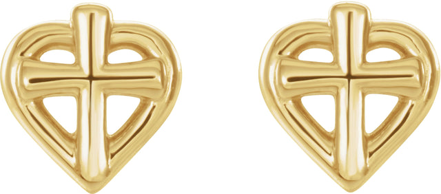 14K Gold Youth Cross & Heart Earrings - Yellow Gold - view 2