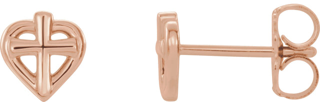 14K Gold Youth Cross & Heart Earrings - Rose Gold