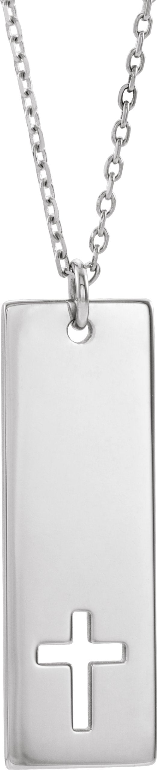 14K Gold Engravable Pierced Cross Bar Necklace or Pendant - White Gold
