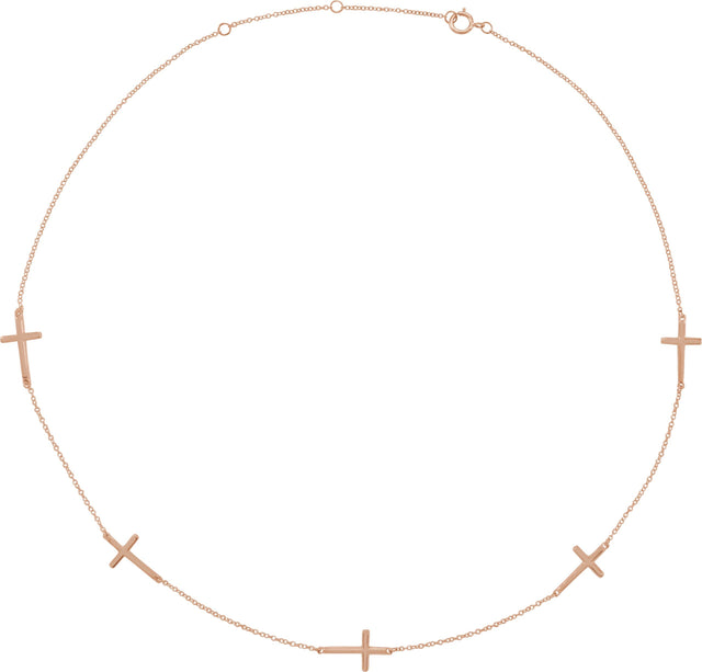 14K Gold Cross Station Necklace - Rose Gold