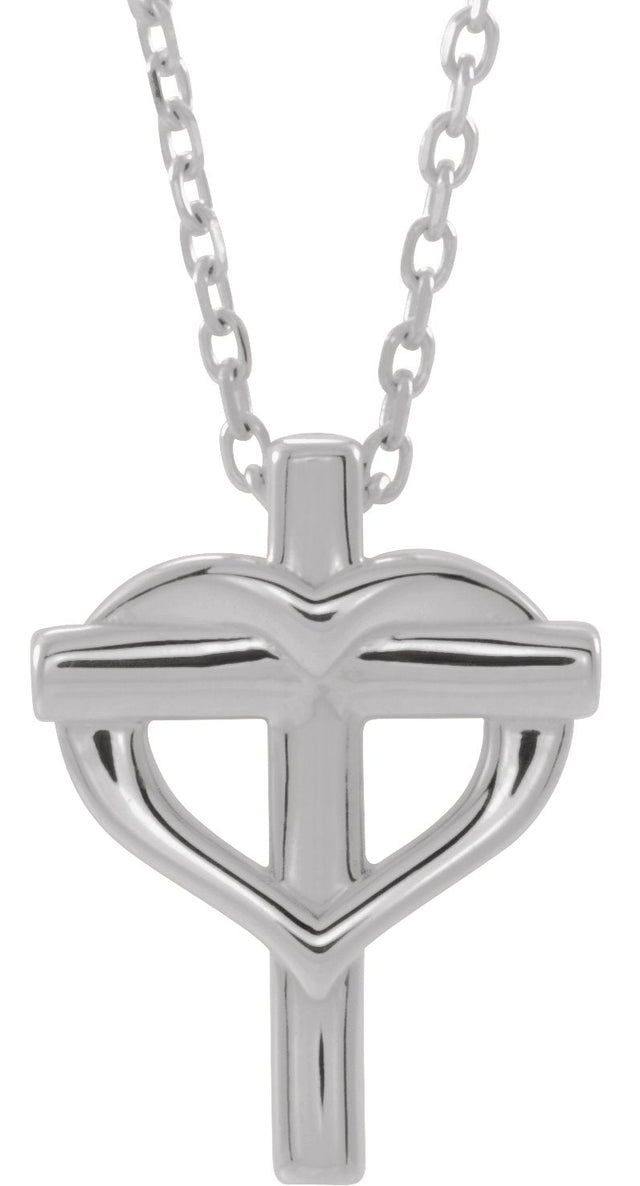 14K Gold Youth Cross with Heart Necklace or Pendant - White Gold