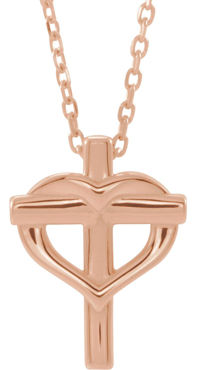 14K Gold Youth Cross with Heart Necklace or Pendant - Rose Gold