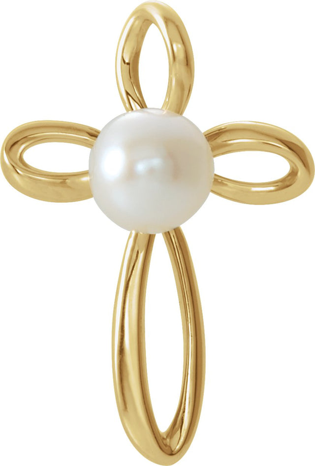 14K Gold Cultured White Freshwater Pearl Pearl Cross Pendant II - Yellow Gold