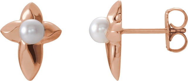 14K Gold Cultured White Freshwater Pearl Pearl Cross Earrings - Rose Gold