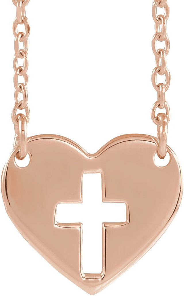 14K Gold Pierced Cross Heart Necklace - Rose Gold