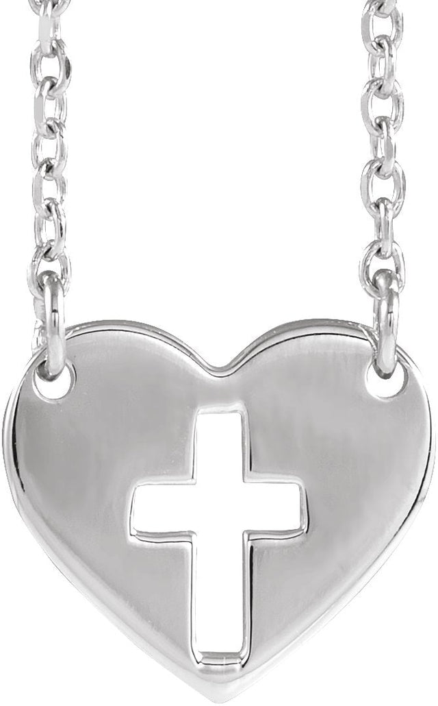 14K Gold Pierced Cross Heart Necklace - White Gold