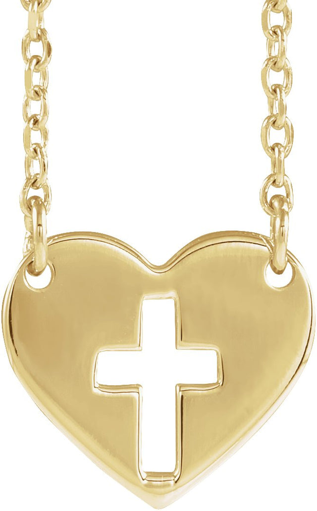 14K Gold Pierced Cross Heart Necklace - Yellow Gold