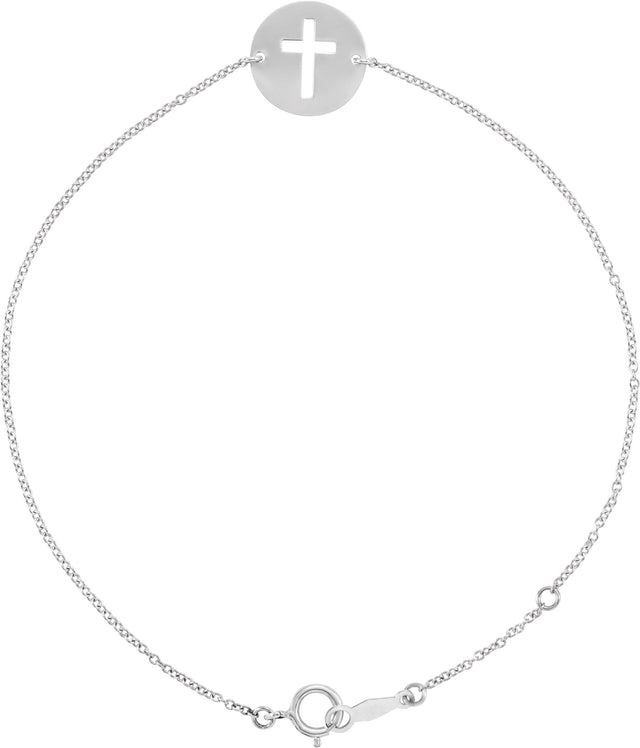 14K Gold Pierced Cross Disc Bracelet - White Gold