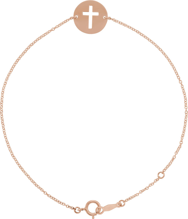 14K Gold Pierced Cross Disc Bracelet - Rose Gold