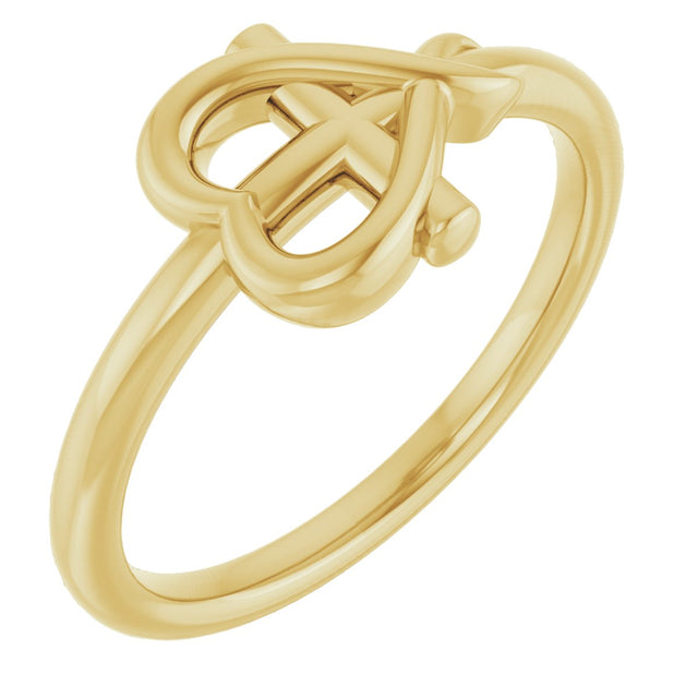 14K Gold Youth Cross & Heart Ring - Yellow Gold