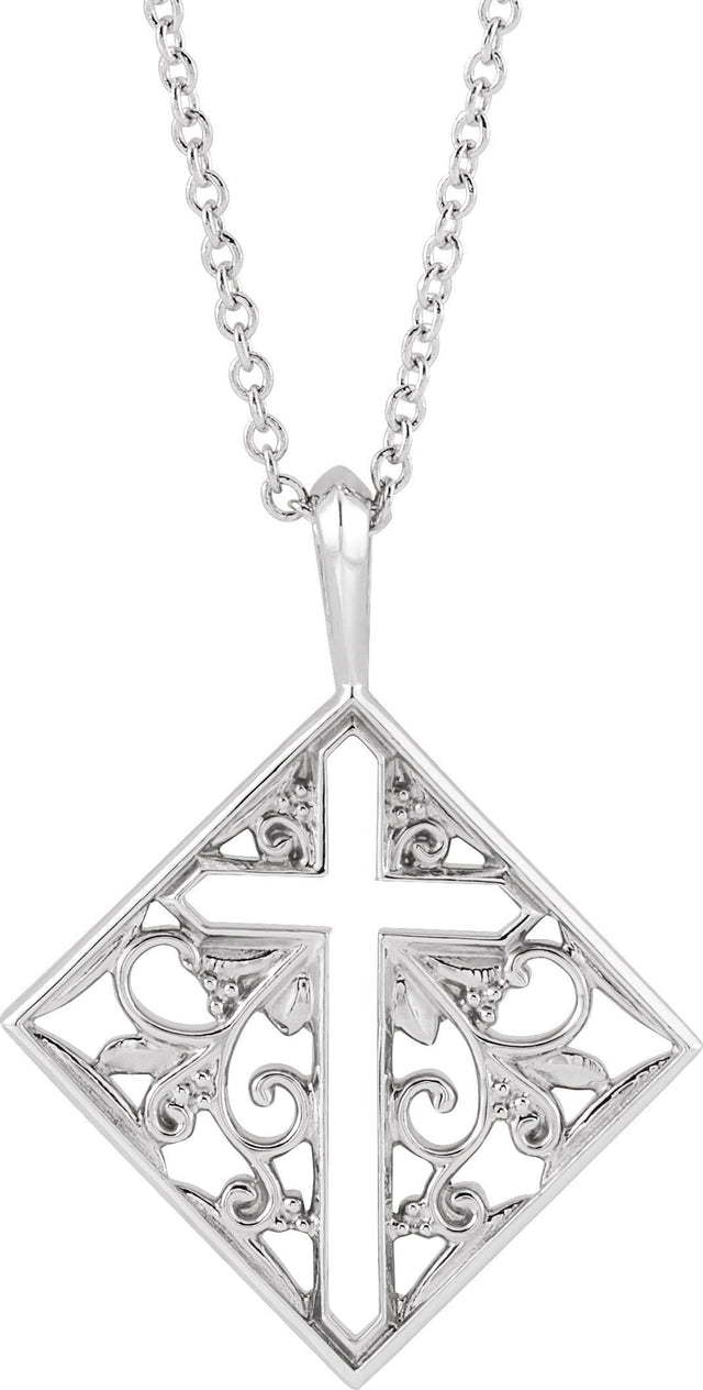 Platinum Ornate Pierced Cross Necklace or Pendant