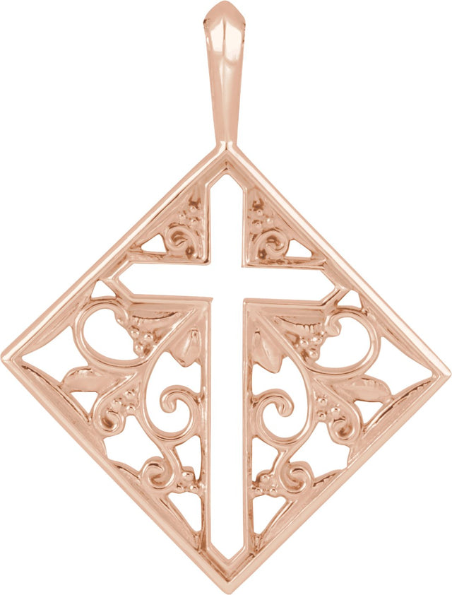14K Gold Ornate Pierced Cross Necklace or Pendant - Rose Gold