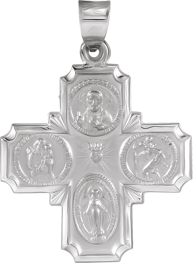 14K Gold Hollow Four-Way Cross Medal - White Gold