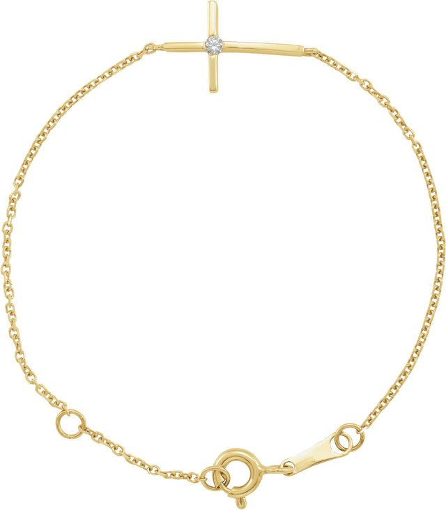 14K Gold Round White Cubic Zirconia Youth Sideways Cross Bracelet