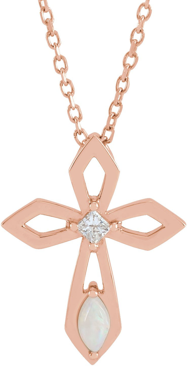 14K Gold Marquise Natural White Opal & Natural Diamond Pierced Cross Necklace or Pendant - Rose Gold