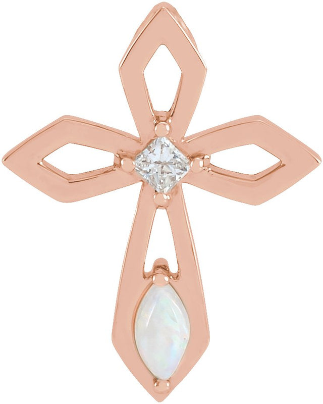 14K Gold Marquise Natural White Opal & Natural Diamond Pierced Cross Necklace or Pendant - Rose Gold