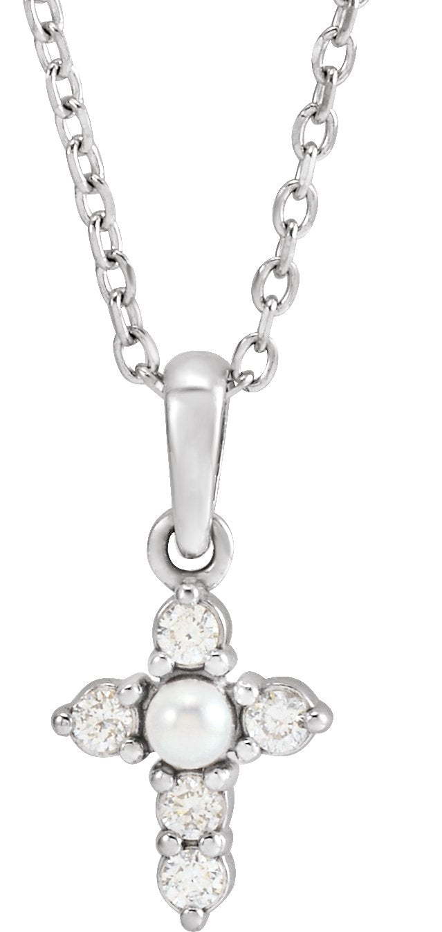 14K Gold Cultured White Seed Pearl & Natural Diamond Pearl Cross Necklace or Pendant - White Gold
