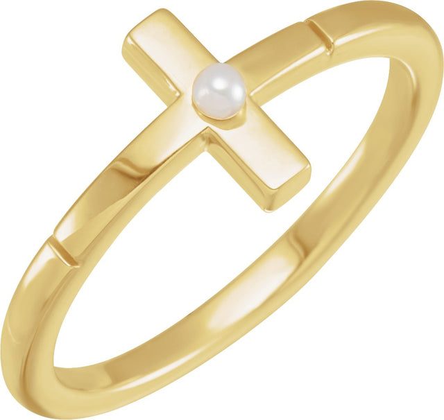 14K Gold Cultured White Akoya Pearl Pearl Sideways Cross Ring - Yellow Gold