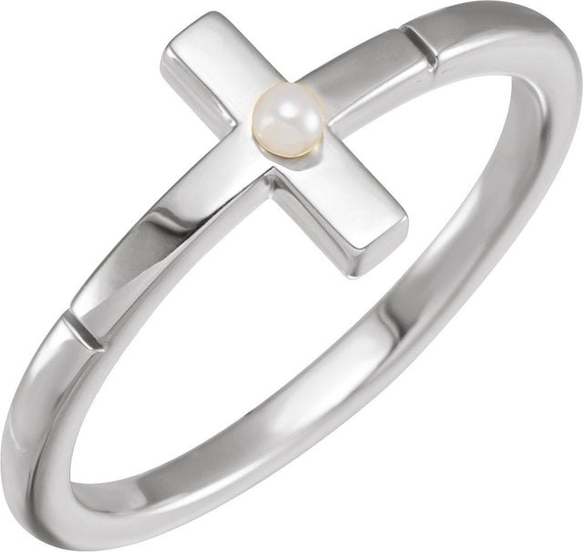 14K Gold Cultured White Akoya Pearl Pearl Sideways Cross Ring - White Gold