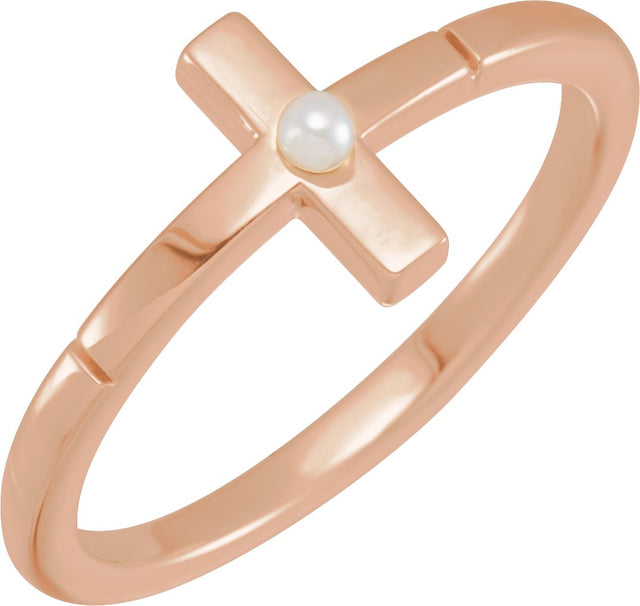 14K Gold Cultured White Akoya Pearl Pearl Sideways Cross Ring - Rose Gold