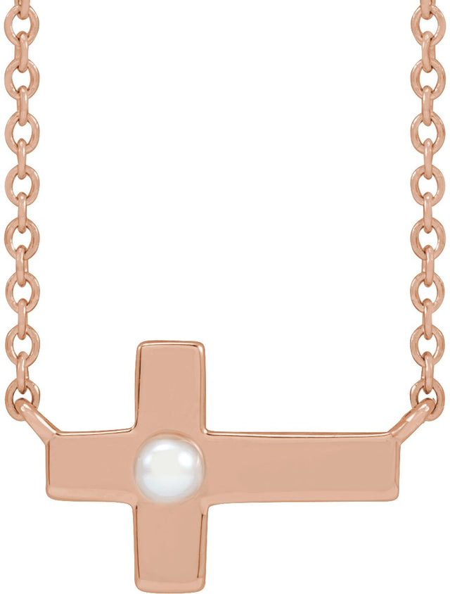 14K Gold Cultured White Seed Pearl Pearl Sideways Cross Necklace - Rose Gold