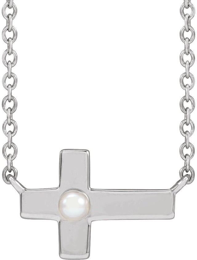Platinum Cultured White Seed Pearl Pearl Sideways Cross Necklace
